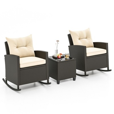 Tangkula 3 Piece Outdoor Rocking Set Rattan Rocking Chair Set w/ Tempered Glass Table Seat