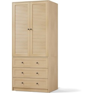 Wooden Armoire Wardrobe Closet with Drawers, Wardrobe Cabinet with Hanging Rod, 2 Doors Clothing Storage Cabinet, Louvered Door 69.5" - 1 of 4