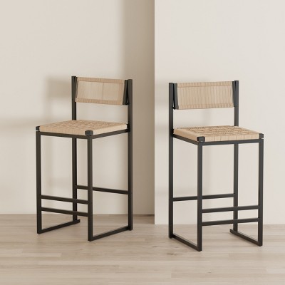 25" Paper Rope Counter Height Bar Stools Set of 2,Farmhouse Hand Woven Stools with Metal Frame for Kitchen Island-Baofuwish