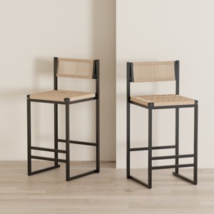 25" Paper Rope Counter Height Bar Stools Set of 2,Farmhouse Hand Woven Stools with Metal Frame for Kitchen Island-Baofuwish - 1 of 4