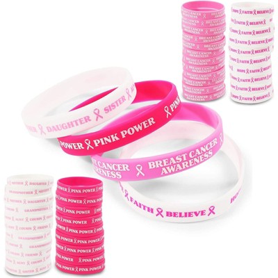 Sparkle and Bash 48 Pieces Breast Cancer Awareness Bracelets, Pink Wristbands, 4 Designs