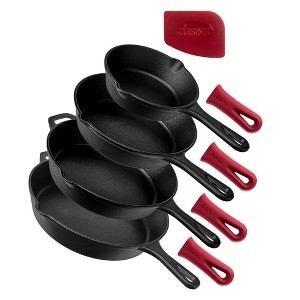 Cuisinel 4-Piece Cast Iron Skillet Set - 12", 10", 8", 6" Pans, Silicone Handle Grips & Scraper, Pre-Seasoned, Oven, Stovetop, Indoor/Outdoor Use - 1 of 4