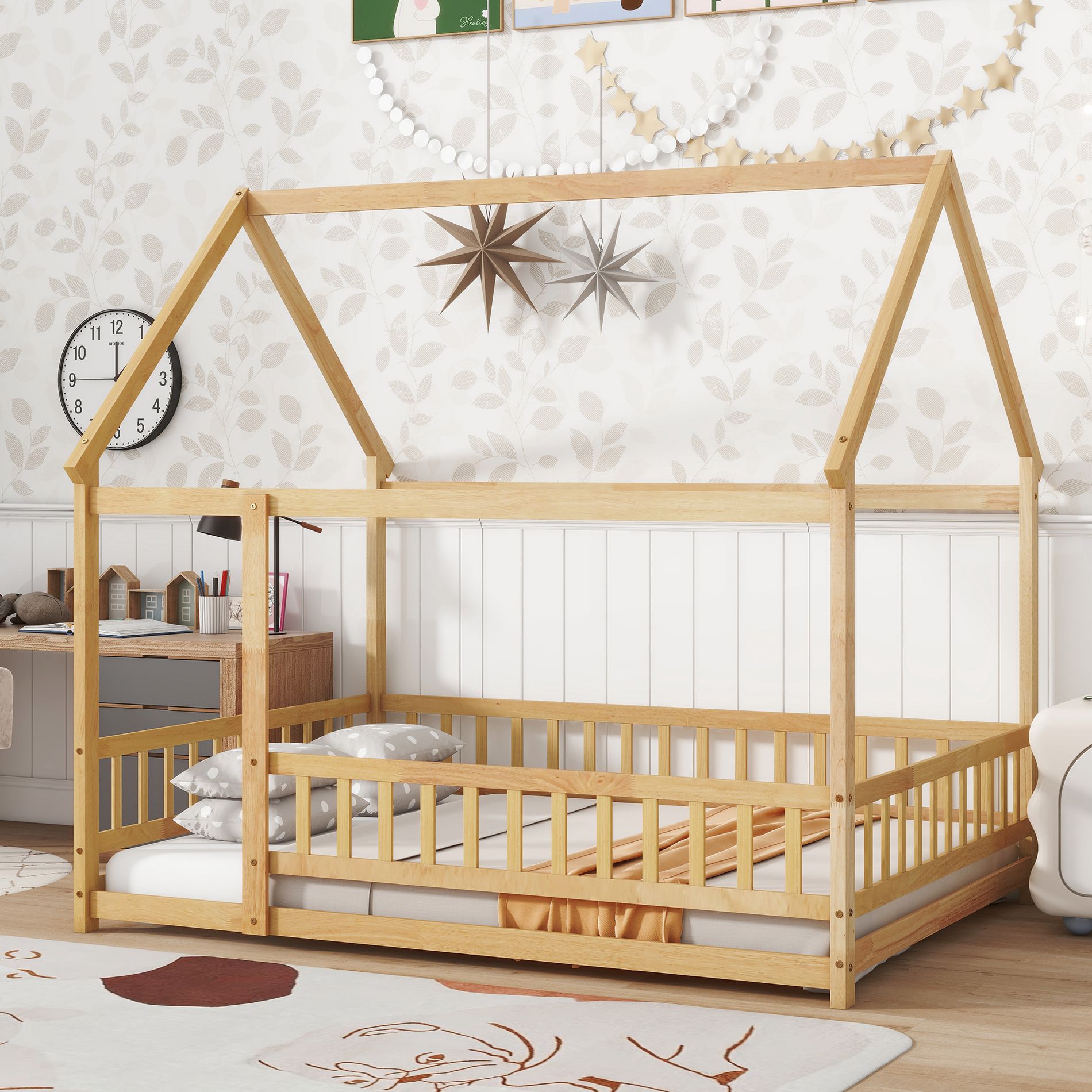 GDFStudio Kent Rubber Wooden Montessori Floor Bed with Guardrails, Natural/Full