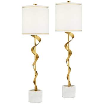 Possini Euro Design Luxe Modern Buffet Table Lamps 34 1/2" Tall Set of 2 Sculptural Gold Ribbon Metal White Drum Shade for Bedroom Living Room Bedside