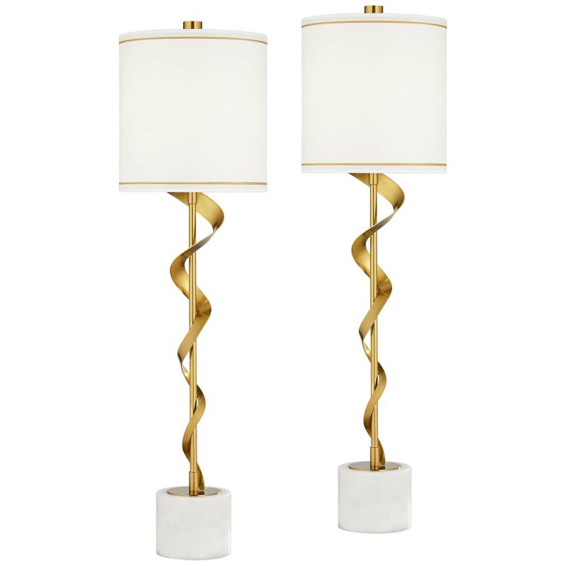 Possini Euro Design Luxe Modern Buffet Table Lamps 34 1/2" Tall Set of 2 Sculptural Gold Ribbon Metal White Drum Shade for Bedroom Living Room Bedside, 1 of 10