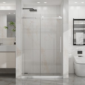 48"x72" Frameless Sliding Shower Door, 1/4"(6mm) Clear Tempered Glass with Easy-Clean Coating, Heavy-Duty 304 Stainless Steel, Chrome Finish - 1 of 4