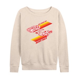 Women's - Hot Wheels - Valentine's You Make My Heart Race Lightweight French Terry Wide Neck Long Sleeve Shirt - 1 of 4