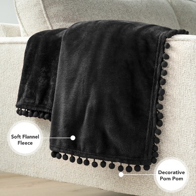 Black Fleece Pom Pom Fringe Throw Blanket