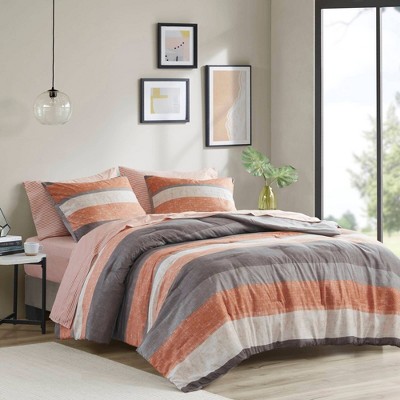 Madison Park King Ryder Striped Comforter Set with Bed Sheet Coral Orange — фото 2