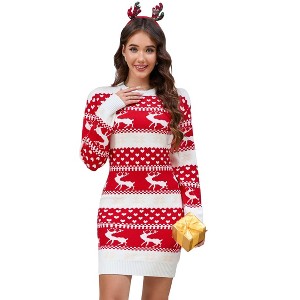 Coolmee Women's Ugly Christmas Crew Neck Sweater Dress Long Sleeve Holiday Knit Xmas Mini Dress - 1 of 4