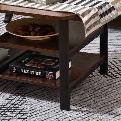 Vintage Dark Wood and Metal Rectangular Coffee Table with Shelves