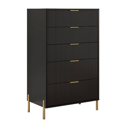 Black Vertical 5-Drawer Dresser Chest with Gold Handles