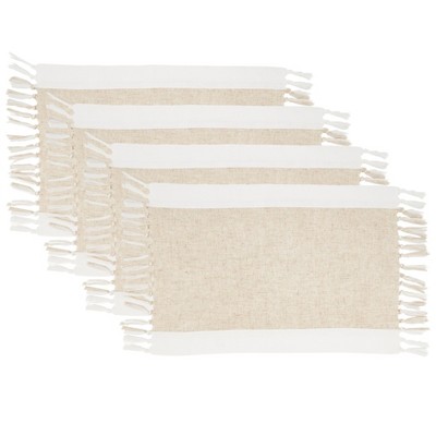 Natural Two-Tone Fabric Placemats with Fringe, Set of 4
