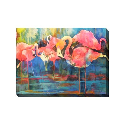 Cottage Garden West of The Wind Flirty Flamingos Pink, Blue, Yellow 40 x 30 Inch Waterproof Gallery Wrapped Canvas, Outdoor Garden, Yard, Patio All