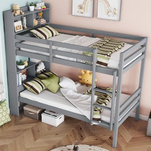 NicBex Twin over Twin Bunk Bed Convertible Wooden Bed Frame with Storage Headboard, Ladder and Full Length Guardrail, No Box Spring Required - 1 of 4