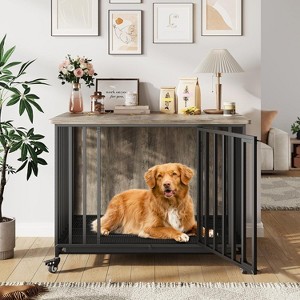39" Rolling Dog Crate Furniture with Removable Tray, Heavy Duty Wooden Pet Kennel on Wheels, Indoor Decorative End Table for Small to Large Dogs - 1 of 4