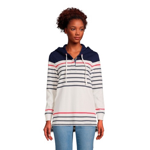 Lands End Women s Petite Long Sleeve Heavyweight Jersey Button Front Hoodie Tunic Small Ivory Navy Founder Stripe