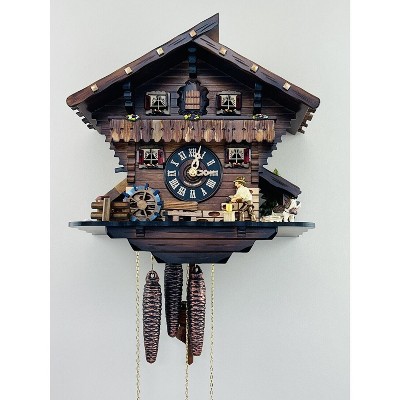 One Day Musical Cuckoo Clock Cottage – 13" Man Chopping Wood & Waterwheel – Traditional Design By River City Clocks