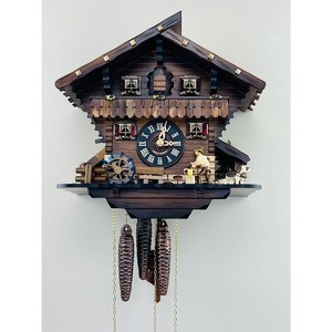 One Day Musical Cuckoo Clock Cottage – 13" Man Chopping Wood & Waterwheel – Traditional Design By River City Clocks - 1 of 4