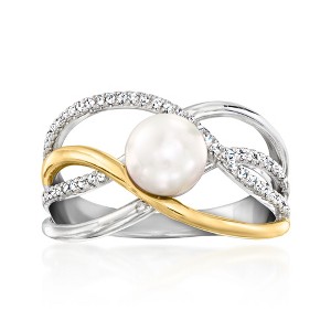 Ross-Simons 6.5-7mm Cultured Pearl Highway Ring With .16 ct. t.w. Diamonds in Sterling Silver and 18kt Gold Over Sterling - 1 of 4