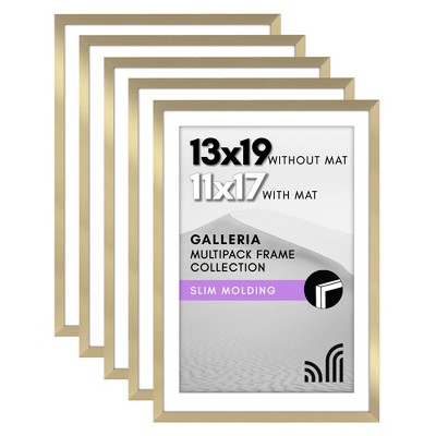 Americanflat 13x19 Picture Frame with Polished Plexiglass - Set of 5 - 11x17 with Mat or 13x19 Without Mat - Galleria - Picture Frames - Gold