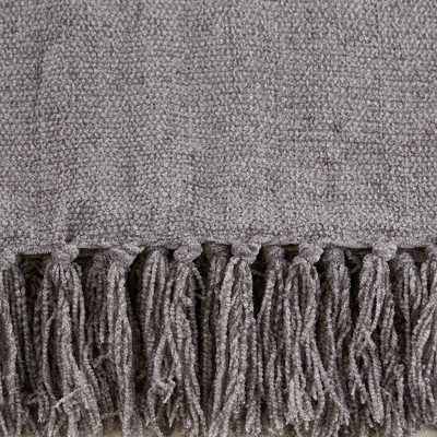 Soft Gray Chenille Knitted 50"x60" Throw with Fringed Edges