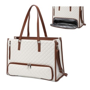 EcoSummer Lunch Tote Bag for Women 15.6" Work Tote with Insulated Compartment Laptop Briefcase with Wristlet, White＆Brown. - 1 of 4