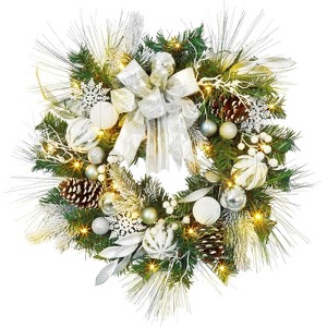 24" Pre-Lit Christmas Wreath with Lights & Silver Bow, Decorated with Pine Cones & Berries for Front Door, Fireplace, and Wall Decor - 1 of 4