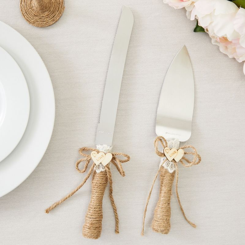 Juvale 4 Piece Rustic-Style Wedding Cake Knife and Server Set with Champagne Glasses for Bride and Groom, Country Theme Wedding Supplies, 2 of 9