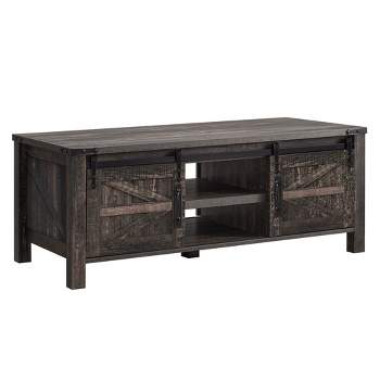 OKD Farmhouse Sturdy Coffee Table with Sliding Barn Doors and Storage Shelves for Living Room, Den, Family Room, or Office