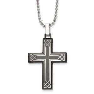 Black Bow Jewelry Stainless Steel, Black Plated & Laser Etched Cross Necklace, 24 Inch - 1 of 4