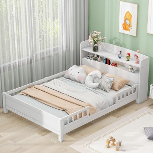 BABYYER Wood Twin Size Bed Frame with Storage Headboard and Safety Guardrail, Platform Bed for Boys Girls, No Box Spring Needed - 1 of 4