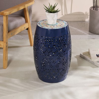 CAVINAS Flower Patten Ceramic Tile Outdoor Patio End Table,Waterproof Small Side Table for Patio,Garden,Balcony