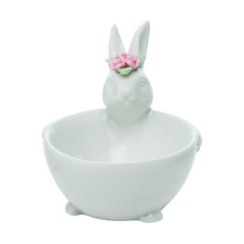 Transpac Ceramic 4.6 in. White Easter Bunny Bowl with Colored Flowers