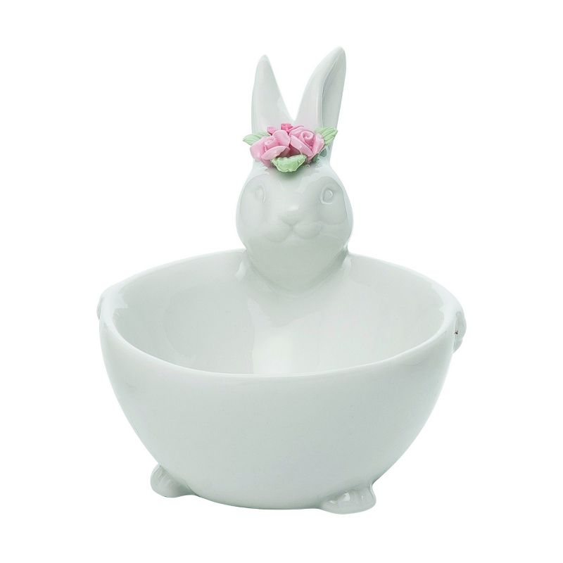 Transpac Ceramic 4.6 in. White Easter Bunny Bowl with Colored Flowers, 1 of 2