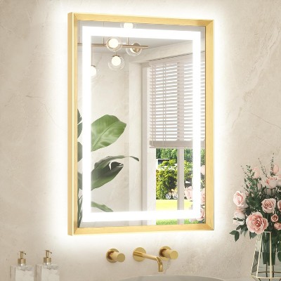30x22 Inch LED Bathroom Mirror with Brushed Gold Frame, Anti-Fog Frontlit & Backlit, 3 Color Temperatures