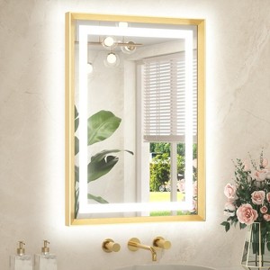 30x22 Inch LED Bathroom Mirror with Brushed Gold Frame, Anti-Fog Frontlit & Backlit, 3 Color Temperatures - 1 of 4