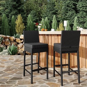 Rattan Bar Chair, Bar Stool with Cushions, Kitchen Barstool, Patio Wicker Chair Height Stool Set, Home Bar Seating for Indoor Outdoor, Backyard - 1 of 4