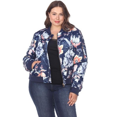 Women's Plus Size Floral Bomber Jacket Blue 3x - White Mark : Target