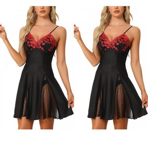 INSPIRE CHIC Women's 2 Pcs Lingerie Babydoll Satin Mini Chemise with Mesh Inset Sweet Nightgown - 1 of 4