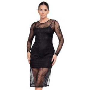Slickblue Women's Lace Midi Dress With Rhinestones, Mesh Detail, Side Slit Evening Style, Black/Grey/Tan, Size S-L - 1 of 4