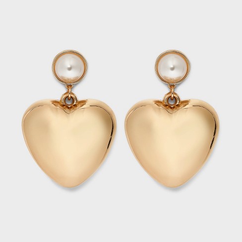 Puffy Heart Pearl Drop Earrings - Wild Fable™ Gold