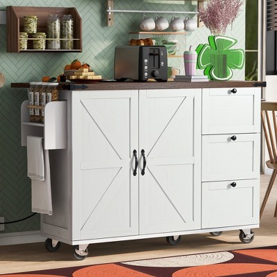 VYNXARIA K&K 54.5" Farmhouse Kitchen Island with Power Outlet & Rolling Storage