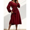 Women's V-Neck Dress Casual Lantern Sleeve Tie Waist Midi Dress - 4 of 4