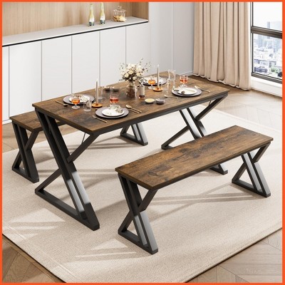 Homhougo Kitchen Table with Benches, Dining Table Set for 4 Black