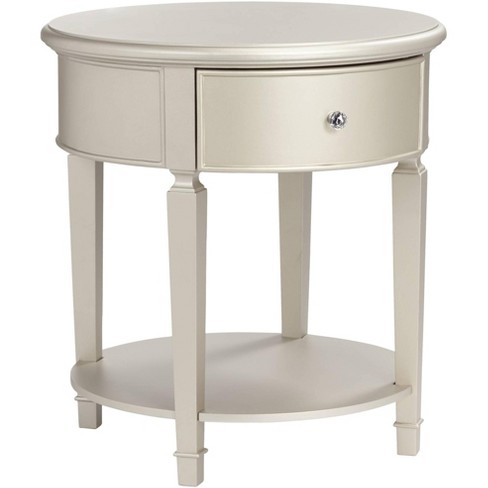 Wide Champagne Silver Round, White Round Bedside Table With Drawer