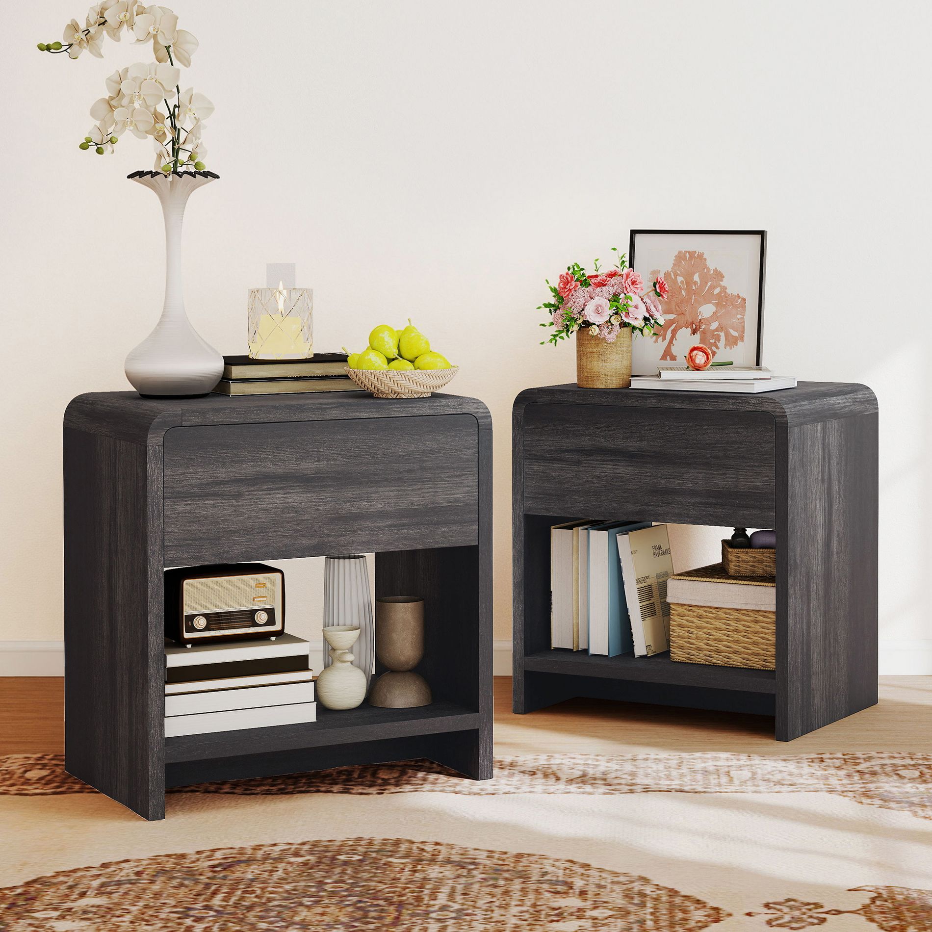 AMERLIFE 2-Piece Modern Nightstand Set with Drawer and Open Shelf, Engineered Wood