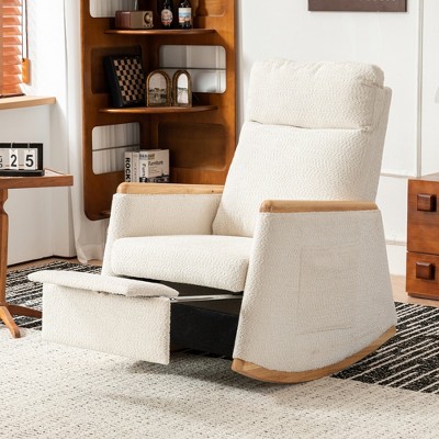GDFStudio Morgan Modern Rubber Wood and Fabric Upholstered Rocking Chair with Footrest and Side Storage Pocket