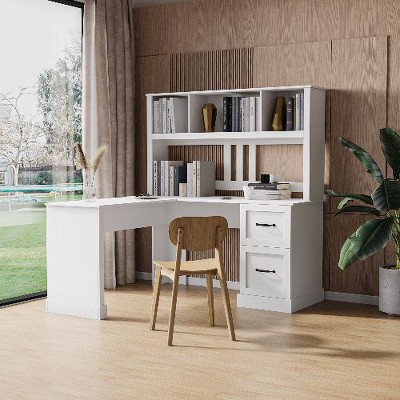 CENGHU Home Office Computer Desk with Hutch, L Shaped Desk with 2-Tier Shelf & 2 Large Drawers, Office Desk wth Waterproof Surface