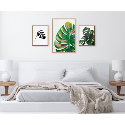 Natural Monstera Leaves Framed Canvas Wall Art Set, 3 Piece
